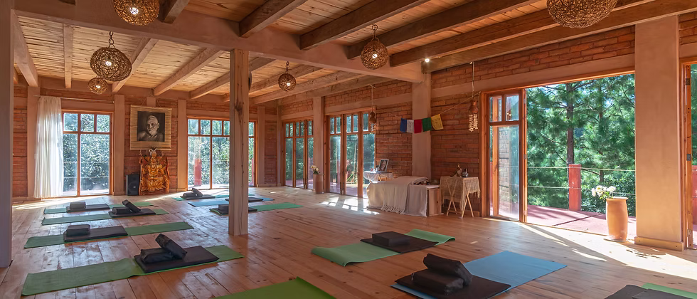The ceremony hall, wood beams, mats laid out for practice
