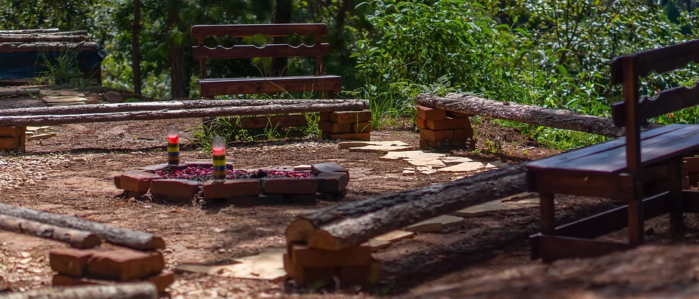 A candlelit ceremony circle with log benches