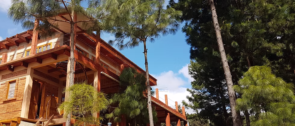 The main lodge at the retreat, wood and stone among tall pines